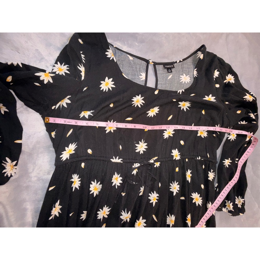 Torrid Womens Plus Size 1 Black Daisy Floral Long Sleeve Tiered Mini Dress Boho - Picture 5 of 11